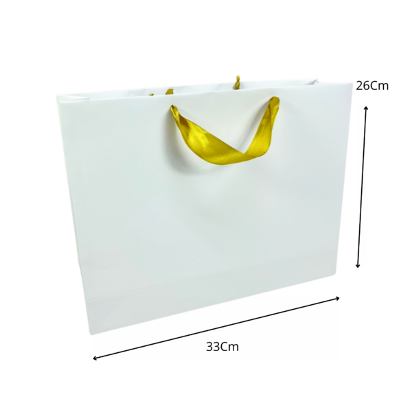 Bolsa grande blanco cinta dorada mate (Paquete x12) - 33cm x 26cm