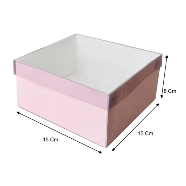 Caja cuadrada tapa acetato rosa (Paquete x12) - 15cm x 15cm