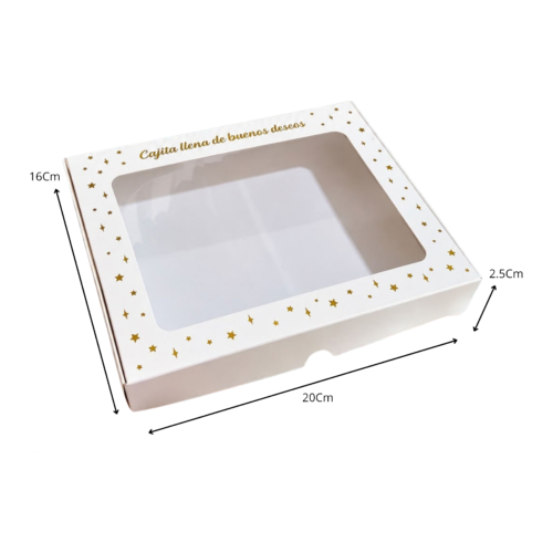 Caja sin velas con ventana acetato estampado foil dorado (Paquete x 12) - 20cm x 16cm