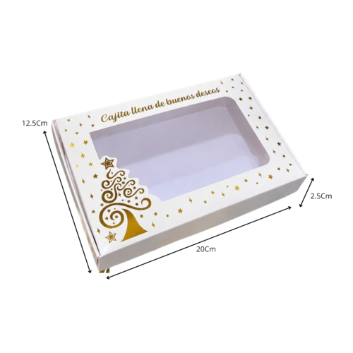 Caja sin velas rectangular con ventana acetato estampado foil dorado (Paquete x 12) - 20cm x 12.5cm